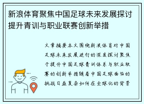 新浪体育聚焦中国足球未来发展探讨提升青训与职业联赛创新举措