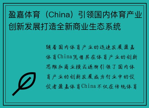 盈嘉体育（China）引领国内体育产业创新发展打造全新商业生态系统