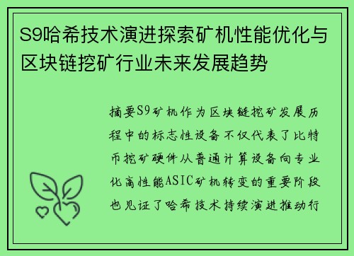 S9哈希技术演进探索矿机性能优化与区块链挖矿行业未来发展趋势